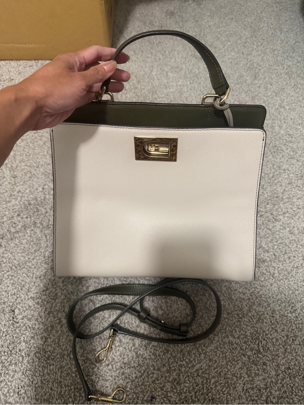 Furla Two-Tone Leather Top-Handle Satchel in Cream and Olive Green